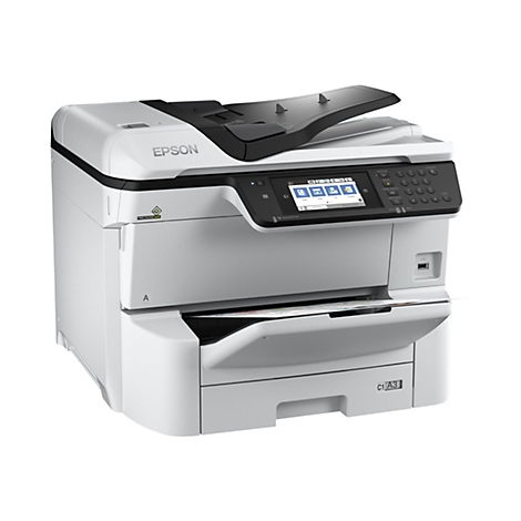 Weißer Epson Multifunktionsdrucker mit Touchscreen-Display vor neutralem Hintergrund.