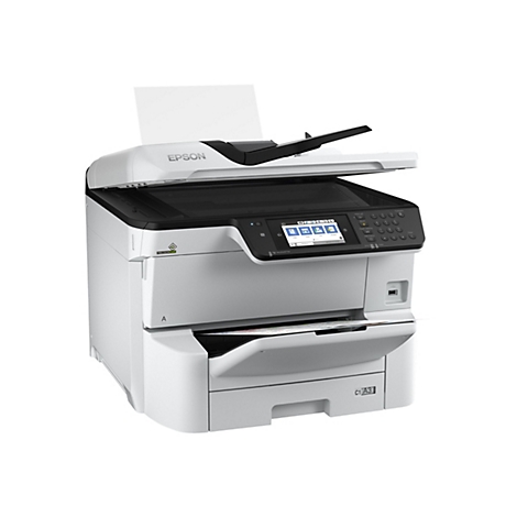 Epson Multifunktionsdrucker in Weiß mit Touchscreen-Bedienfeld und Papierfach vor neutralem Hintergrund.