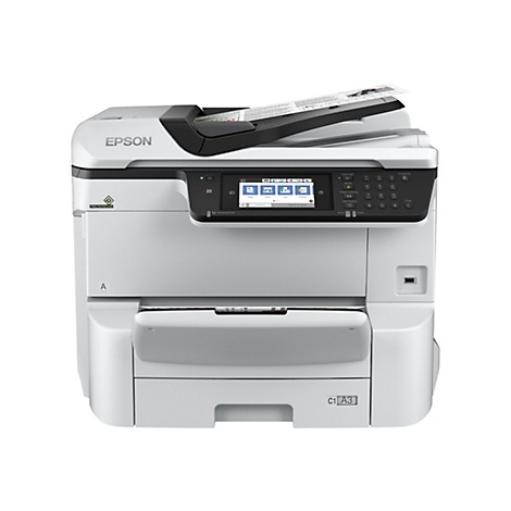 Epson Multifunktionsdrucker in Weiß vor neutralem Hintergrund mit Touchscreen-Display und bedrucktem Blatt Papier.