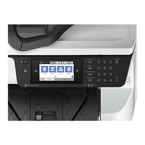 Nahaufnahme des Bedienfelds eines Multifunktionsdruckers mit Touchscreen-Display und Zifferntasten.