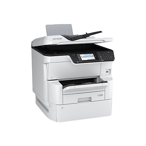 Ein weißer Epson Multifunktionsdrucker vor weißem Hintergrund mit Touchscreen-Bedienfeld.
