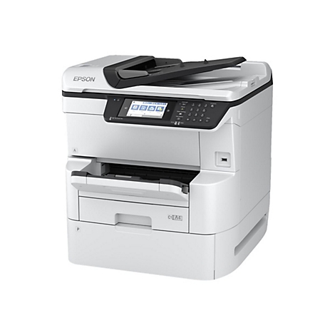 Weißer Epson Multifunktionsdrucker mit Touchscreen-Bedienfeld vor weißem Hintergrund.