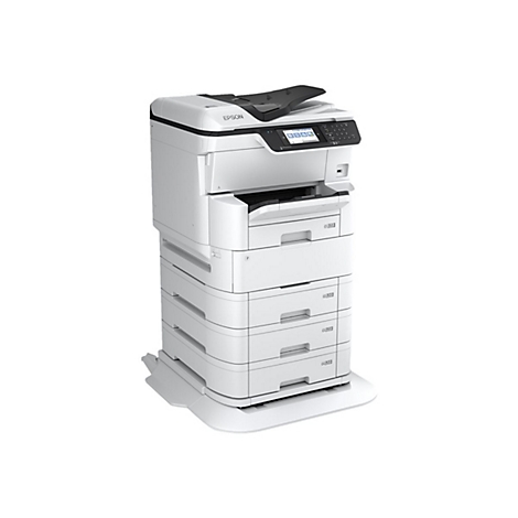 Weißer Epson Multifunktionsdrucker mit mehreren Papierfächern vor neutralem Hintergrund.