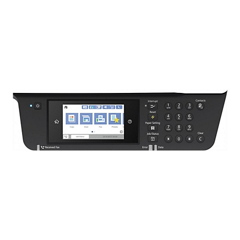 Bedienfeld eines Multifunktionsdruckers mit Touchscreen-Display und physischem Ziffernblock.