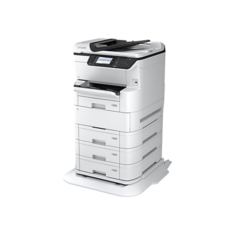 Großer weißer Epson-Multifunktionsdrucker mit mehreren Papierkassetten und Touchscreen-Display vor weißem Hintergrund.