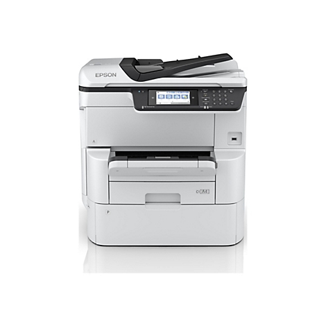 Weißer Epson Multifunktionsdrucker vor neutralem Hintergrund.