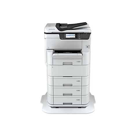 Großer, weißer Epson Multifunktionsdrucker mit mehreren Papierfächern vor weißem Hintergrund.