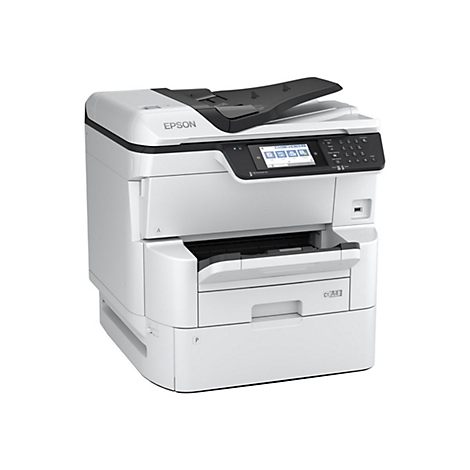 Weißer Epson Multifunktionsdrucker vor neutralem Hintergrund mit Touchscreen und Tastenfeld.