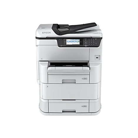 Weißer Epson Multifunktionsdrucker vor neutralem Hintergrund mit Touchscreen-Display und Papierfächern.