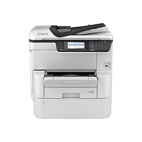 Ein weißer Epson Multifunktionsdrucker vor weißem Hintergrund mit Touchscreen und Tastenfeld.