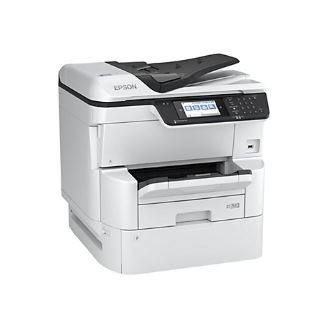 Ein weißer Epson Multifunktionsdrucker mit Bedienfeld und Display vor weißem Hintergrund.