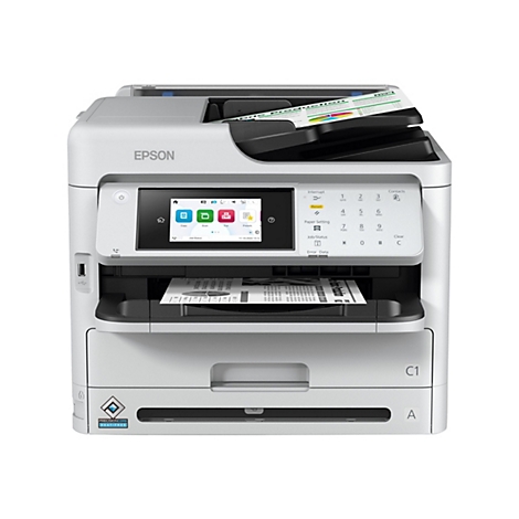 Ein weißer Epson Multifunktionsdrucker vor neutralem Hintergrund mit Touchscreen-Display und Papierfach.