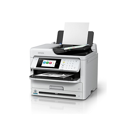 Weißer Epson Multifunktionsdrucker vor weißem Hintergrund mit Touchscreen und bedruckten Papierblättern.