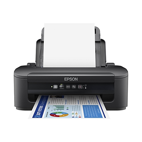 Ein schwarzer Epson-Drucker mit einem Blatt Papier, das herausgedruckt wird. Auf dem Papier sind Grafiken und Text abgebildet. Auf der Oberseite des Druckers sind Wi-Fi- und Stromsymbole zu sehen.