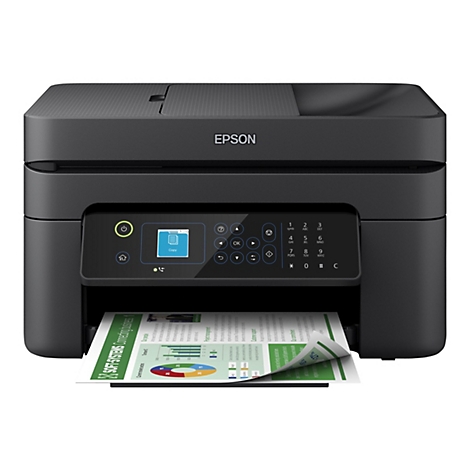 Imprimante multifonction Epson noire imprimant un diagramme. L'Ã©cran affiche les paramÃ¨tres.