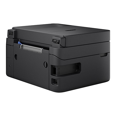 Schwarzer Drucker mit grauer Leiste und blauen Elementen. Detailansicht.