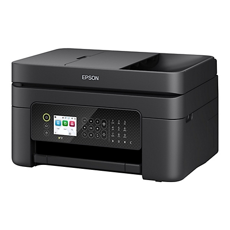 Schwarzer Epson Multifunktionsdrucker mit Touchscreen und Bedienfeld.