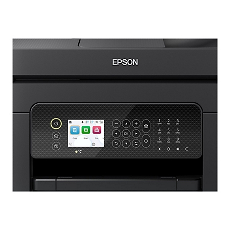 Schwarzer Epson Drucker. Mit Bedienfeld, Display und Tasten. Das Epson Logo ist oben zu sehen.