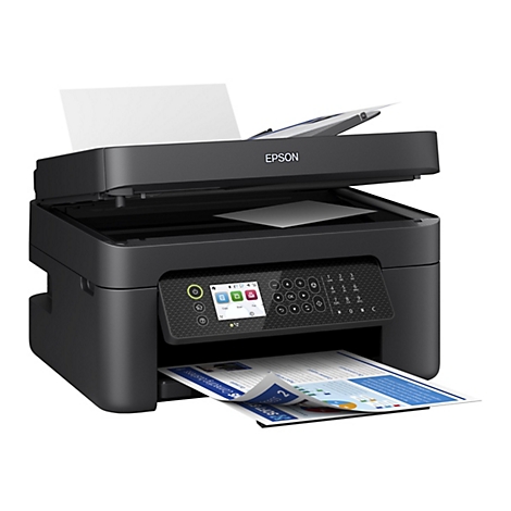 Ein schwarzer Epson-Multifunktionsdrucker mit Papierausgabe. Auf der OberflÃ¤che befindet sich ein Bedienfeld und gedrucktes Papier.