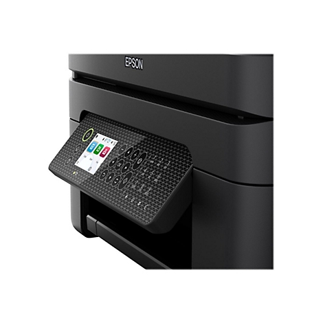Schwarzer Epson-Multifunktionsdrucker, Detailaufnahme des Bedienfelds mit Farbdisplay und Tasten.
