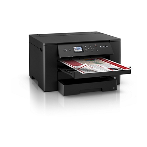 Schwarzer Drucker mit ausgedrucktem Papier. Das Epson Logo ist sichtbar.