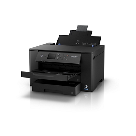 Schwarzer Epson Multifunktionsdrucker vor weißem Hintergrund mit Papierfächern und Bedienfeld.