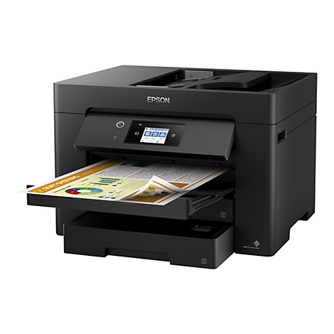 Schwarzer Drucker, bedruckt mit Diagrammen. Epson-Logo.