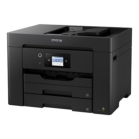 Schwarzer Drucker mit Farbdisplay und zwei Papierschubladen.