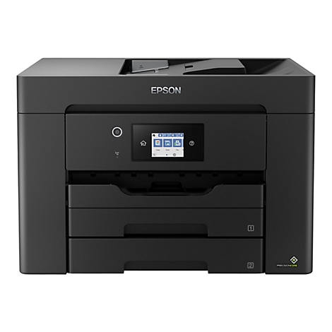 Schwarzer Drucker mit Epson-Logo und kleinem Touchscreen. Mehrere PapierfÃ¤cher unten.
