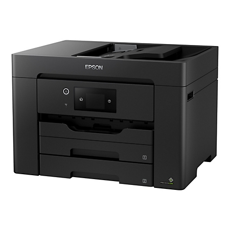 Schwarzer Epson-Multifunktionsdrucker, Frontansicht, mit Schubladen, Touchscreen und dem Epson-Logo.