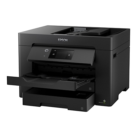 Schwarzer Epson-Multifunktionsdrucker mit geÃ¶ffneten PapierfÃ¤chern und Bedienfeld. Der Schriftzug EPSON ist deutlich sichtbar.