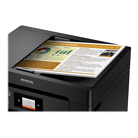 Schwarzer Epson Drucker mit offenem Deckel. Auf dem Papier sind Diagramme und Text zu sehen.