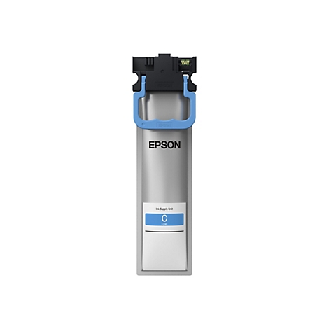 Epson Tintenpatrone, cyanfarben, isoliert auf weißem Hintergrund.