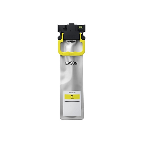 Cartouche d'encre jaune avec partie supÃ©rieure noire et poignÃ©e jaune. Le logo Epson et Y pour jaune sont imprimÃ©s.