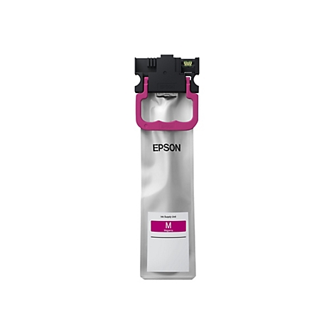 Cartouche d'encre magenta avec le dessus noir. L'Ã©tiquette indique M. Logo Epson.