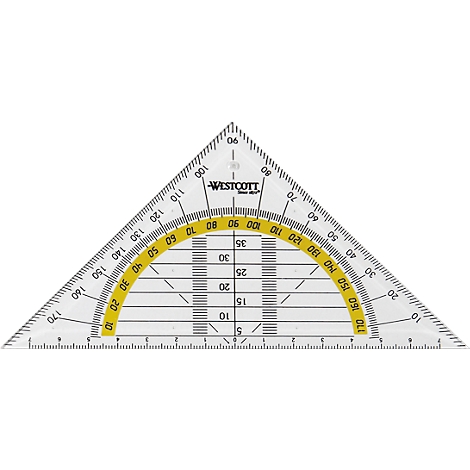 Règle triangulaire avec mesure d'angle en demi-cercle jaune et échelle graduée.