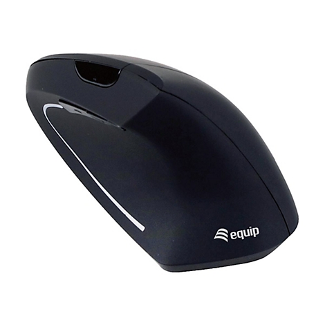 Schwarze Computermaus mit weißem Akzent, seitlich angebrachtem Logo und dem Schriftzug "equip".