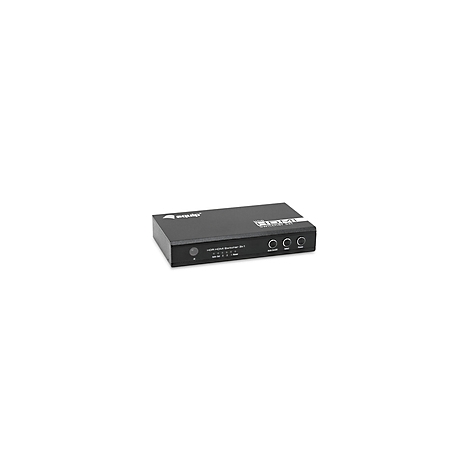 Schwarzer HDMI-Repeater mit drei Knöpfen, Schriftzug und Logo, vor hellem Hintergrund.