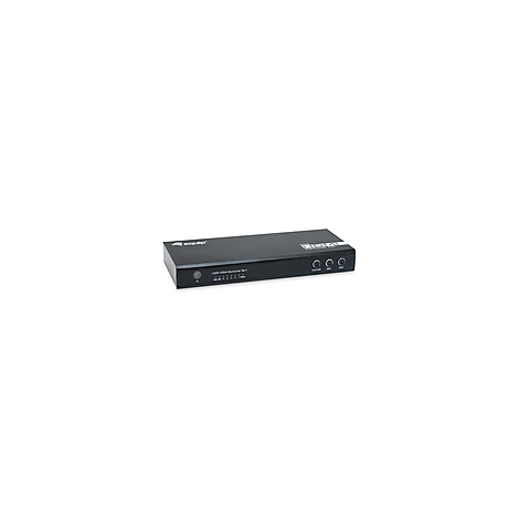 Schwarzer HDMI-Switch mit Knöpfen. Das Gerät liegt auf weißem Hintergrund.
