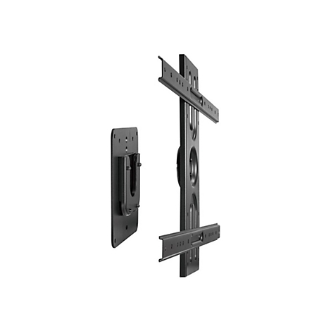 Schwarze TV-Wandhalterung, bestehend aus zwei Komponenten, vor weißem Hintergrund. Eine Halterung zum Anbringen an der Wand und eine Halterung für den Fernseher.