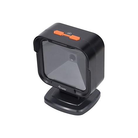 Ein schwarzer Barcode-Scanner mit orangefarbenen Akzenten steht auf einem Ständer. Der Scanner hat ein quadratisches Fenster und das Logo 'equip'.