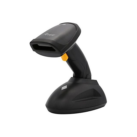 Schwarzer Barcode-Scanner mit Halterung. Gelber Knopf am Griff. Logo „equip“. Steht auf weißem Hintergrund.