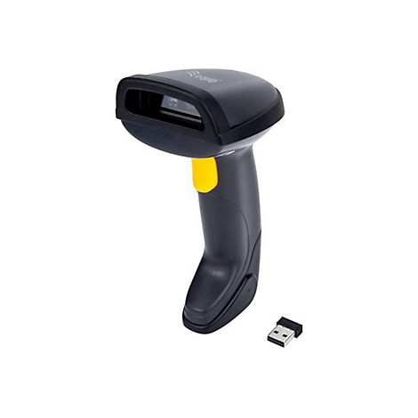 Schwarzer Barcode-Scanner mit gelbem Akzent, neben einem USB-Empfänger.