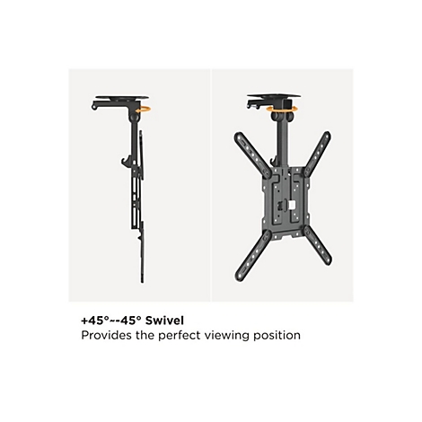 Zwei Ansichten einer schwarzen Deckenhalterung für Fernseher, eine seitliche und eine Draufsicht. Text: +45°~-45° Schwenkbereich, bietet die perfekte Position.