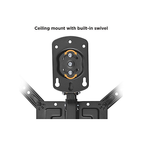 Schwarze Deckenhalterung mit integriertem Schwenkmechanismus. Pfeile zeigen die Drehrichtung an.