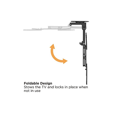 Schwarze, zusammenklappbare TV-Halterung, Pfeil zeigt Bewegung. Text: Foldable Design. Verstaut den Fernseher und arretiert ihn bei Nichtgebrauch.