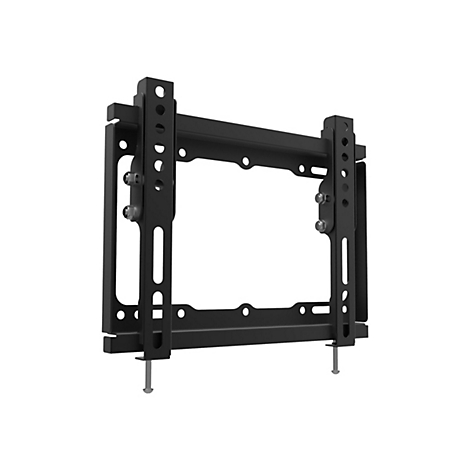 Schwarze TV-Wandhalterung, Metallkonstruktion. Rahmen mit Schrauben und Aussparungen, Bolzen ragen heraus.