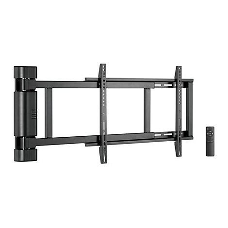 Schwarze TV-Wandhalterung, neben Fernbedienung, vor weißem Hintergrund. Der Wandarm ist ausziehbar.