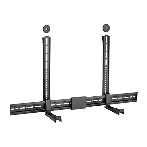 Schwarze TV-Wandhalterung aus Metall vor weißem Hintergrund.