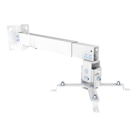 Halterung für einen Deckenprojektor. Eine weiße Konstruktion mit Schrauben auf weißem Hintergrund.